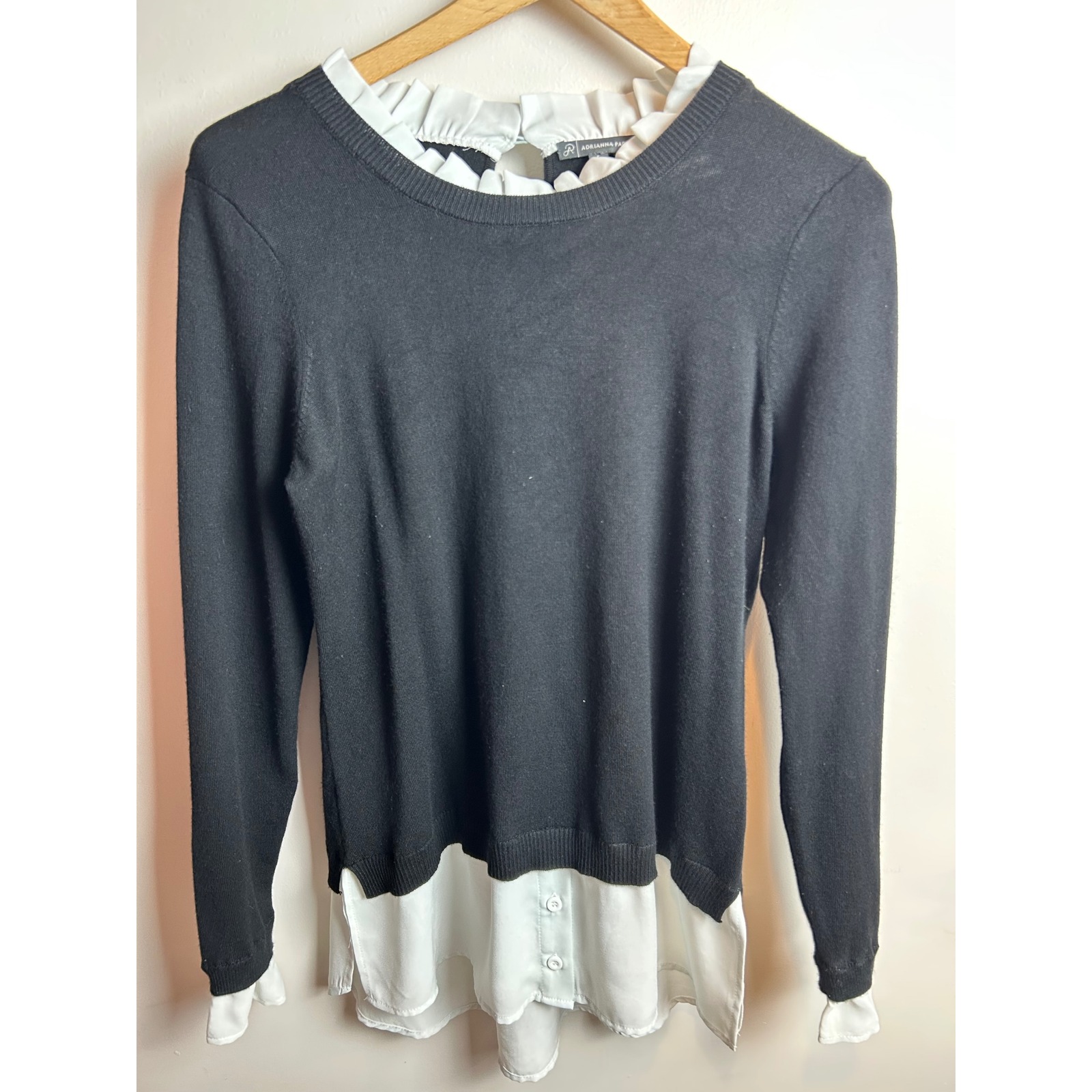 Adrianna Papell Women's Black Sweater Top With Ruffle Collar And Button Detail